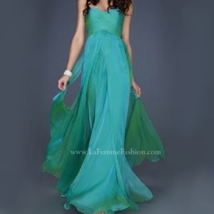 La Femme Strapless Green Metallic Formal Prom Maxi Dress Size 2